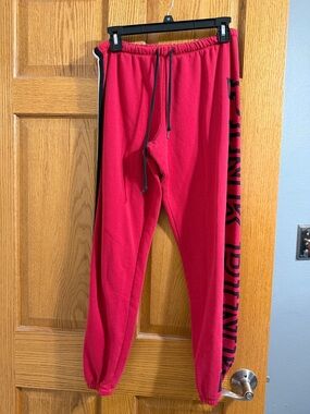 PINK Victoria's Secret Red Fleece Joggers with Black Side Logo